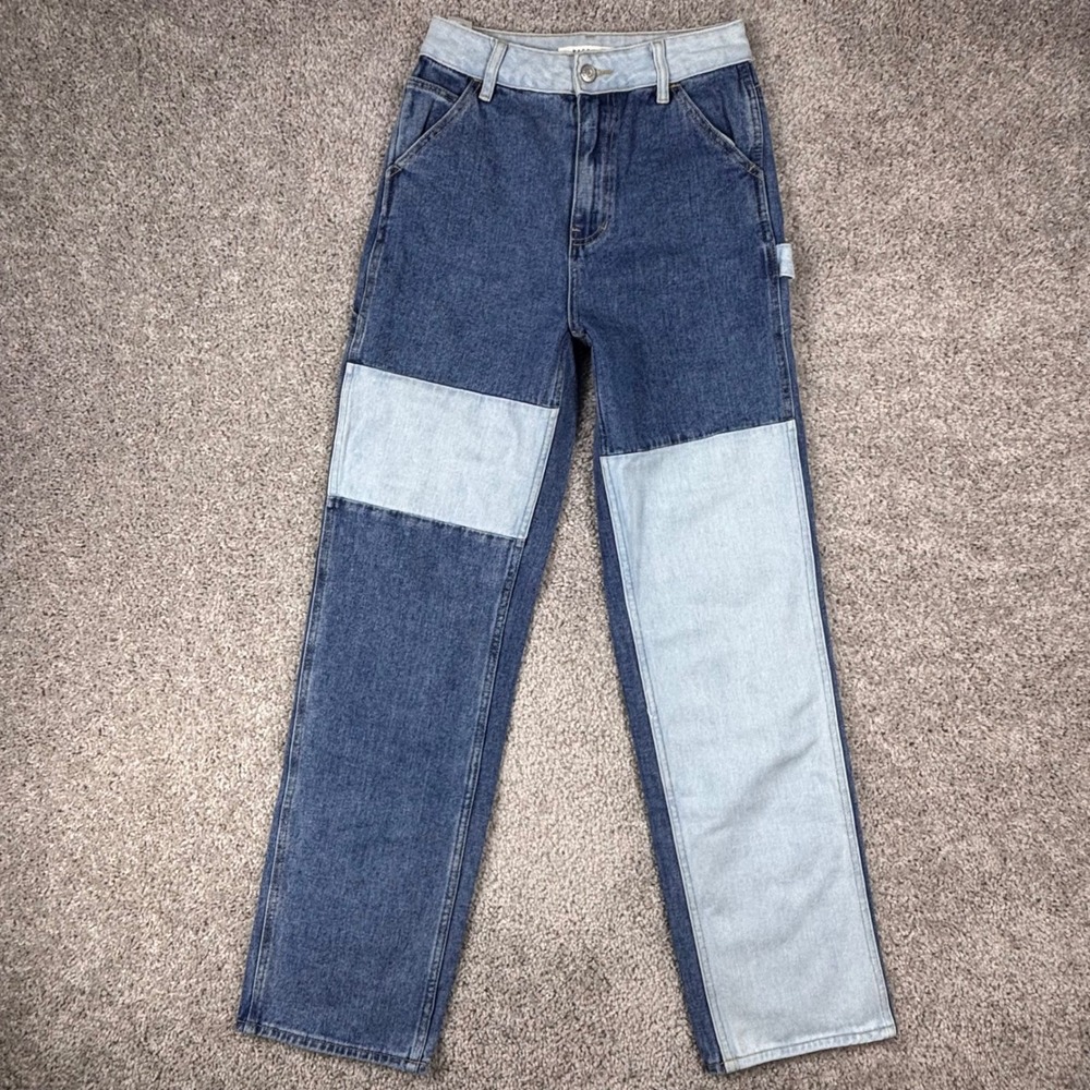 PacSun 90s BF Carpenter Patchwork Jeans Blue Colorblock Size 26 Utility Skate